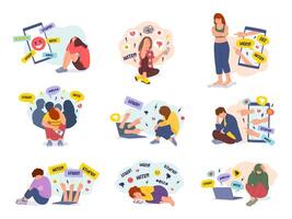 Cyberbullying on social networks. Online shaming and hate speech, teenagers upset by bullying illustration set vector