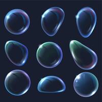 Realistic 3D soap bubble. Soapy bubbles in various shapes, iridescent glossy sphere surface and abstract blob forms isolated illustration set vector