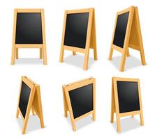 Outdoor chalk menu blackboards mockup. Empty wooden blackboard display template, stand signboard and framed chalkboard 3D illustration set vector