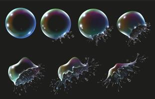 Rainbow soap bubbles explosion animation. Bubble explodes into soapy splattering, iridescent sphere burst slow motion animated frames set vector