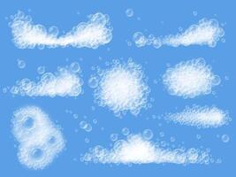 Realistic bath soap foam. Clean soapy froth bubbles, different shape foams and suds isolated illustration set vector