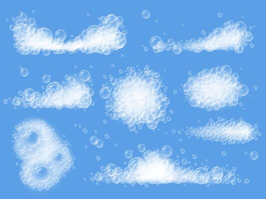 Realistic bath soap foam. Clean soapy froth bubbles, different shape foams and suds isolated illustration set