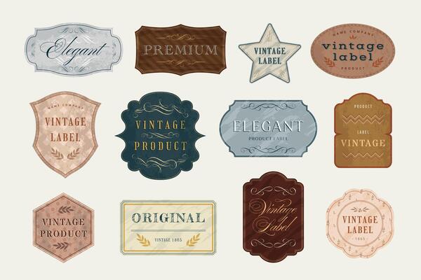 Vintage badge templates. Scrapbook label with ornate frames, elegant old fashioned emblem design set