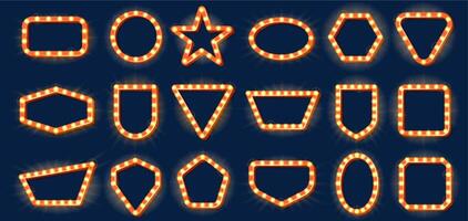 Retro frames with lights. Vintage sign with light bulbs, different shape signboards and lightbox banner with lamps on frame set vector