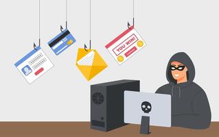 Hacker phishing attack. Web fraud, online security threats and spam danger. Hacker character with personal computer Illustration vector