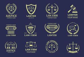 Law emblems. Lawyer badge template with scales of justice, judges gavel, court building and column symbols set vector