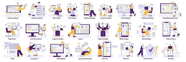 IT professions. Programmers and designers, engineers and managers, front and back end developers. Different digital jobs corporate illustration set vector