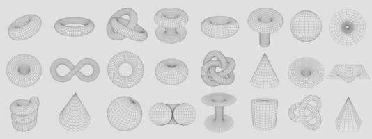 Wireframe torus shapes. Abstract 3D grid shapes, geometric mesh tunnel, vortex and donut set with editable stroke paths vector