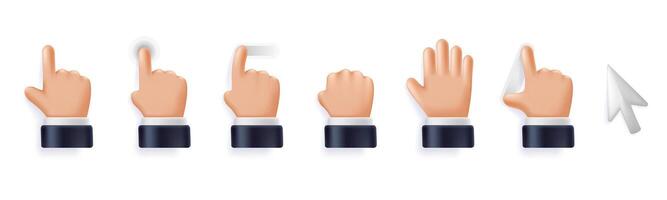Cursor 3D icons. Touch screen interface click tap, point finger, swipe, pinch to zoom and grab hand gestures illustration set vector