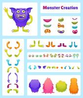 Cartoon monster creation kit. Creature characters constructor with monsters eyes, mouths, horns, bodies, hands and foots to create your own alien animal vector