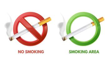 Cigarette stop and allow signs. No smoking and smoking allowed area symbols with realistic burning cigarettes in circle frames. Isolated 3D illustration set vector
