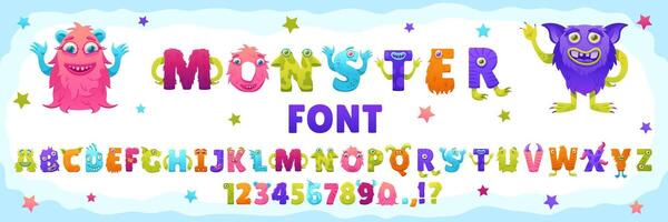 Cartoon monster font. Funny creatures ABC, playful crazy characters letters and numbers. Colorful alphabet symbols for kids set vector