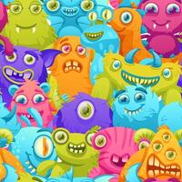 Cartoon monsters pattern. Funny crowd of colorful aliens, monster creatures seamless background illustration vector