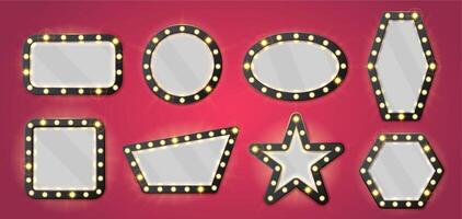 Makeup mirror frame. Lamp illuminated backstage mirrors, retro frames with light bulbs for glamour fashion dressing room. illustration set vector