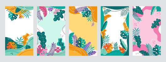 Tropical frame template. Social media story backgrounds with leaves of tropical plants, abstract jungle frames set vector