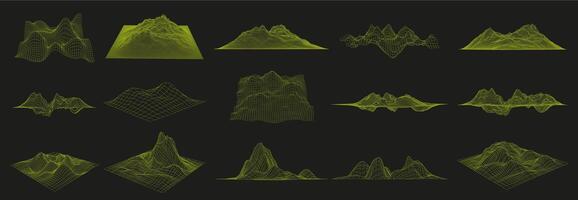 Wireframe landscapes. Futuristic 3D graph grid, cyber mesh mountains and distorted surface coordinates set with editable stroke paths vector