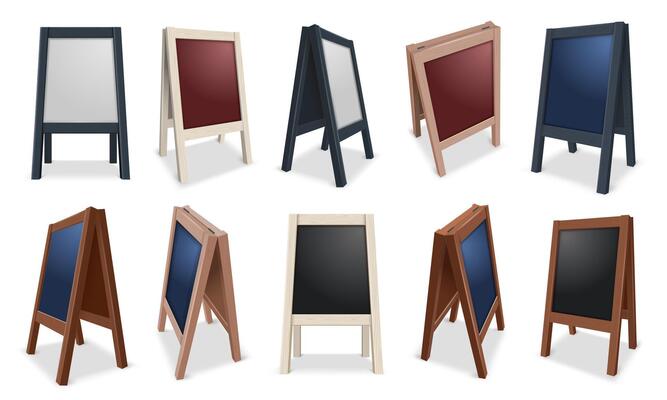 Outdoor chalkboard mockup. Empty chalk menu boards, blackboard display template with wooden frames isolated illustration set