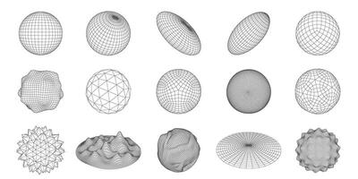 Wireframe 3D circle grid shapes. Geometric sphere mesh, abstract round figures set with editable stroke paths vector