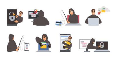 Cartoon hacker character. Cyber threat for internet privacy and cybersecurity, phishing and hacking illustration set vector
