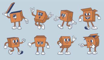 Cartoon cardboard package box mascot. Delivery character, funny boxes in different poses isolated illustration set vector