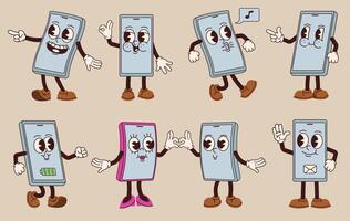Cartoon smartphone mascot. Mobile phone characters, funny gadget screen with 1930s animation style face and rubber hose hands and legs illustrations set vector