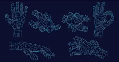 Wireframe hand gestures. Grabbing gesture, open palm and digital ok hand sign in futuristic 3D hologram mesh grid style set with editable stroke paths vector