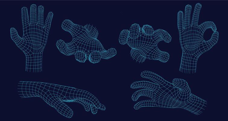 Wireframe hand gestures. Grabbing gesture, open palm and digital ok hand sign in futuristic 3D hologram mesh grid style set with editable stroke paths