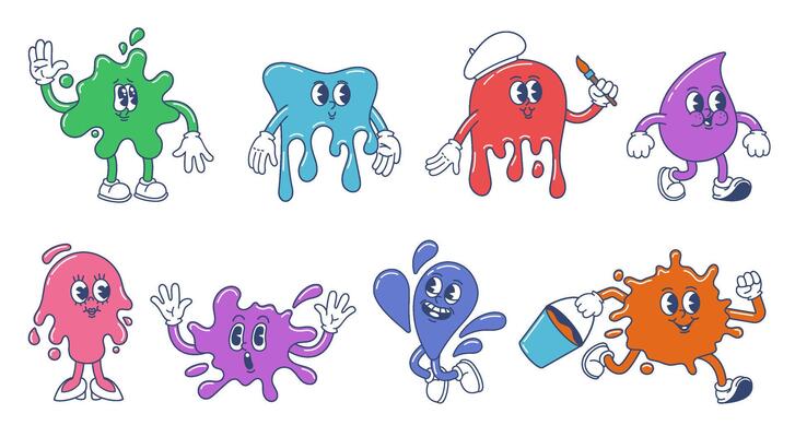 Cartoon paint splash mascot. Color stain blob characters, ink splash spot and paint drop illustration set