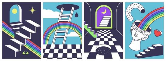 Surreal art posters. Abstract backgrounds with ladders, rainbows, holes and windows. Creative illustration set vector