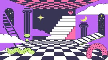 Surreal background. Trippy room with checkered floor, abstract stairs and psychedelic portal doors. Surrealistic liminal space illustration vector