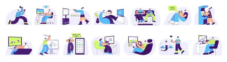 Gamers play games. Arcade, VR, computer and gaming console game players flat illustration set vector