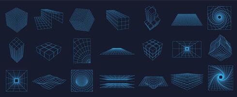 Wireframe grid elements. 3D mesh structures, cyber geometric plane and cube shapes with 80s tech aesthetics. set with editable stroke paths vector