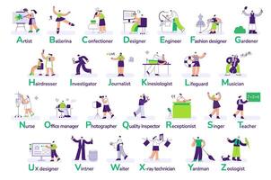 Professions alphabet. Job market, select a profession from list with alphabetical order. Different types of work and occupation search flat illustration vector