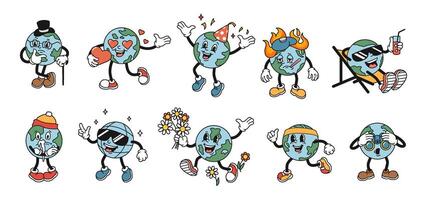 Cartoon planet Earth mascot. Funny globe in style of 1930s rubber hose animation character. Isolated illustration set vector