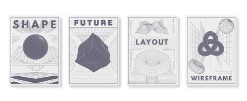 Abstract wireframe posters. Futuristic layout with 3D geometric shapes, wireframe low poly grid structures backgrounds set with editable stroke paths vector