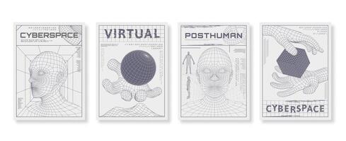 Posters with wireframe human head. Low poly 3D cyberspace streetwear print, cyber virtual poster with futuristic waves illustration set with editable stroke paths vector