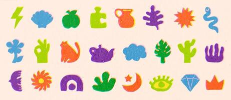 Abstract elements with risograph effect. Shapes with linocut texture and risographer overlay set vector