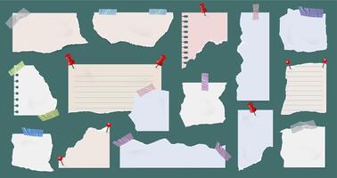 Pinned torn paper notes backgrounds. Scrapbook style note frame, ripped edge pieces of paper with tape and pushpin set vector