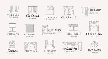 Minimalist curtains emblems. Window drapery and blinds for interior design branding. Line windows icon set vector