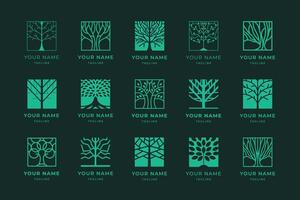 Circle tree of life emblem. Grow plant, circular tree with roots and leaves. Holistic verdant vitality branding label design template icons set vector