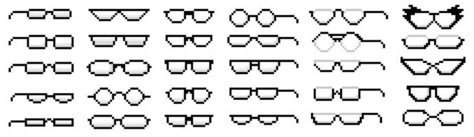 Pixel art transparent glasses. Nerd eyeglasses pixelated icons, glasses rim styles and shapes set vector