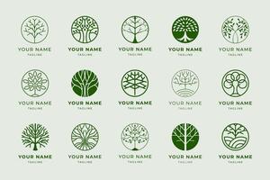 Circle tree of life emblem. Grow plant, circular tree with roots and leaves. Holistic verdant vitality branding label design template icons set vector