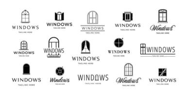 Minimalist window emblems. Casement frame with elegant shutters and curtains, home interior branding design template icon set vector