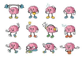 Cartoon human brains mascot. Strong memory brain character has idea, mind questions and do healthy sport exercises 1930s rubber hose style illustration set vector