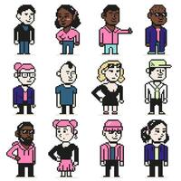 Pixel art characters. Chibi 8 bit people, pixelated game person mascot isolated illustration set vector