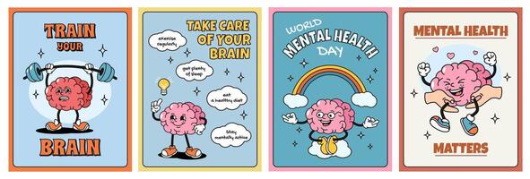 Mental health posters. Take care and train brain, world mental health day card with cartoon brain mascot set vector