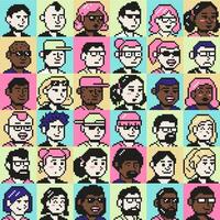 Pixel art portrait userpic icons. 8 bit people faces, young pixelated people avatars and retro game characters illustration set vector