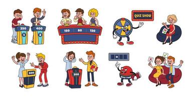 Cartoon quiz game show mascot. Erudite quiz time in style of 1930s rubber hose animation characters. Isolated illustration set vector