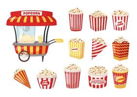 Cartoon popcorn machine and boxes. Movie food store popcorn stand with various size packaging containers illustration set vector