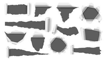 Torn paper with curled corner. Ragged page hole, ripped sheet of paper with rolled edge realistic 3D set vector